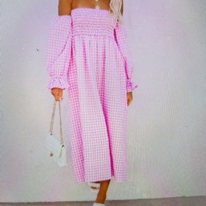 Vici dolls off the shoulder pink gingham midi dress